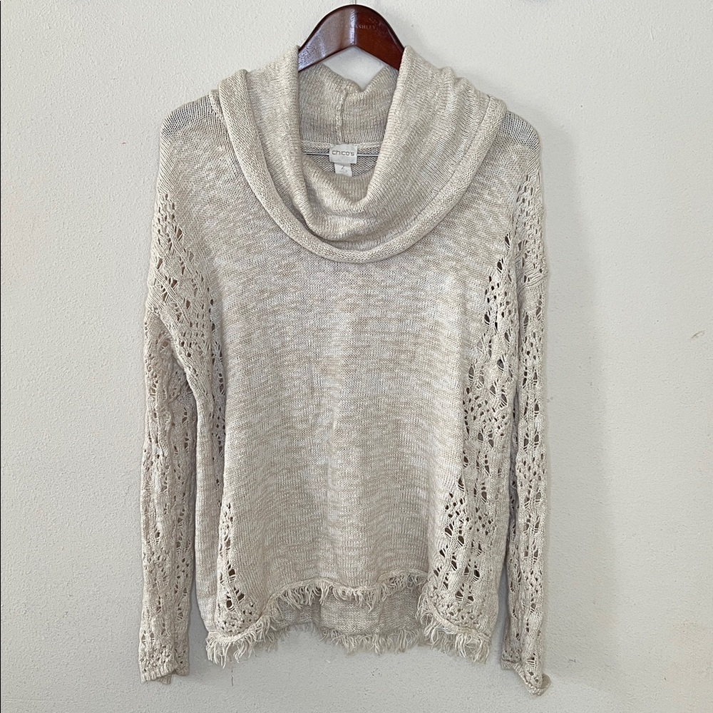 Chico's Tiffany Cowl Neck Sweater Fringe Size 2 Large